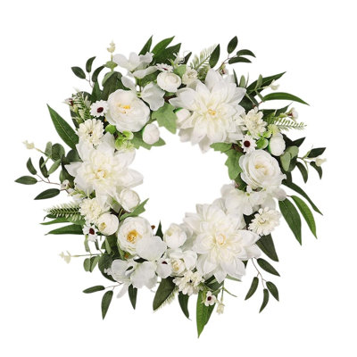 Couronne de porte artificielle mixte 19,7 pouces, rose Dahlia et couronne de verdure pour décoration murale de maison de campagne, plusieurs couleurs disponibles