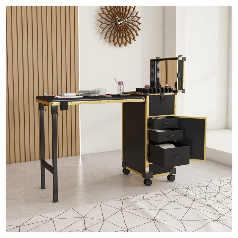 Station de clouage portable avec miroir DEL, haut-parleur Bluetooth et tiroirs verrouillables
