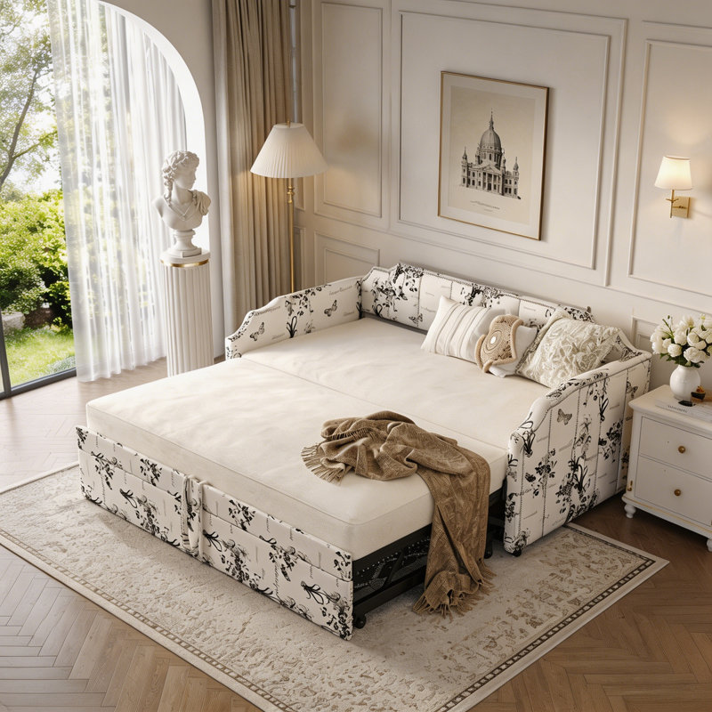 Lit de jour simple rembourré avec couchette escamotable et ports de chargement USB, White Tossed Botanical