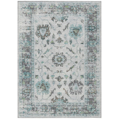 Machine Washable Indoor/Outdoor Xhevrie Teal Rug
