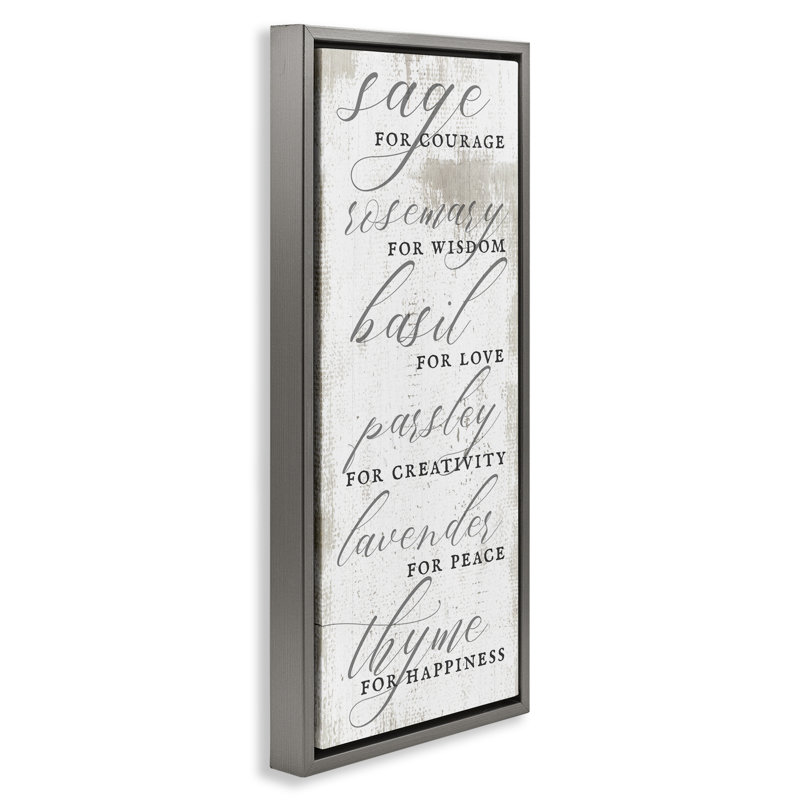 «Sage Basil Thyme Sentiment Expressions» par Daphne Polselli, Cadre flottant gris lustré, H 25 po x l 11 po