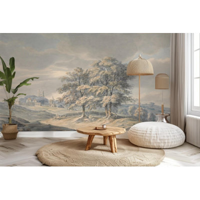 Vintage English Countryside Wall Mural with Distant Castle and Windmill Landscape for Home Decor