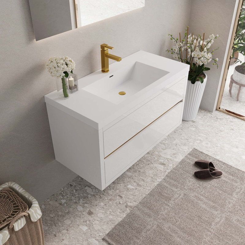 Meuble-lavabo mural avec comptoir en résine de pierre et tiroirs à fermeture en douceur