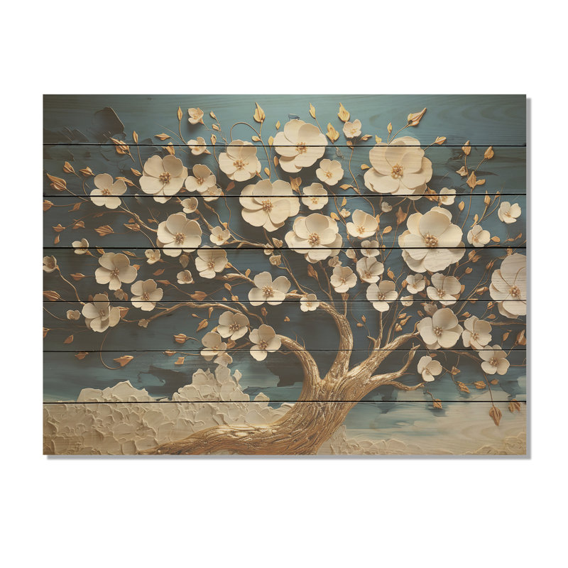 Orchidée bleue et blanche Golden Of Branches II - arbre sur bois, H 30 po x l 40 po x P 0,78 po