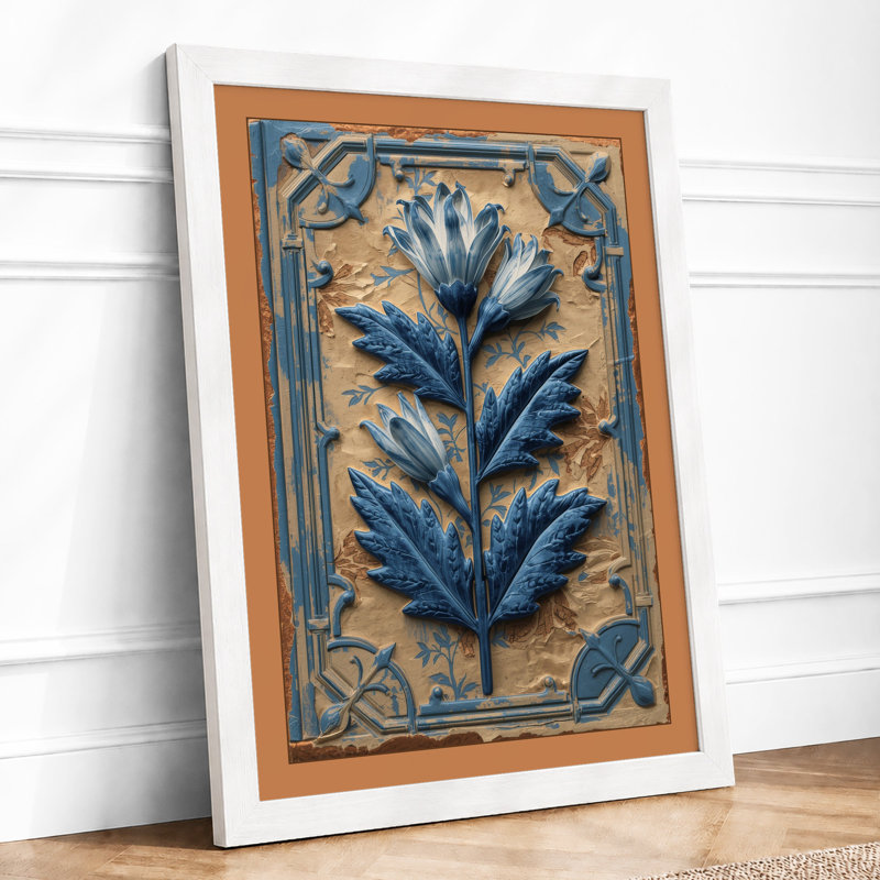 Blue Relief Botanical - Framed Print, A3 - 42.0 x 29.7 cm, White