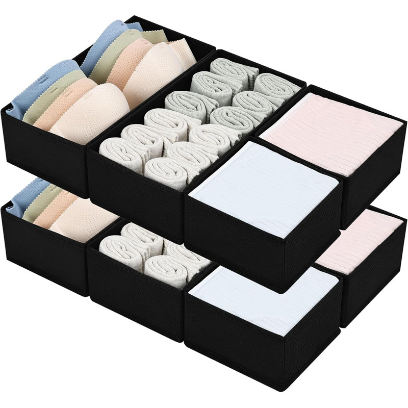 8-Pack Fabric Foldable Drawer Organizers For Clothes, Underwear, Socks - Blended, Black