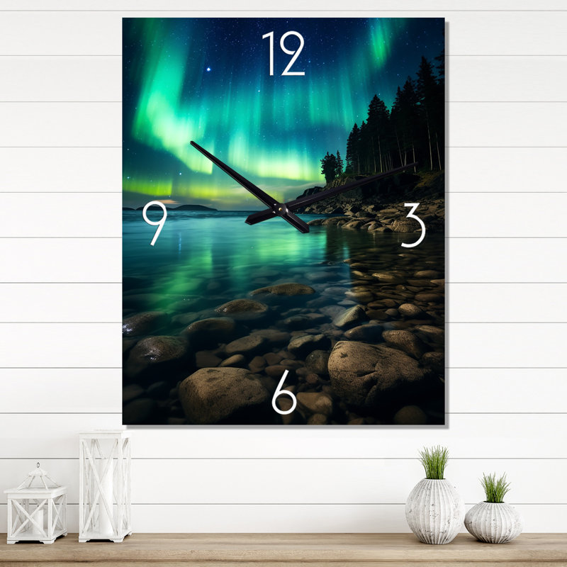 Horloge murale Magical Aurora Borealis Artic Lake Serenity VI - Northern Lights, Grand