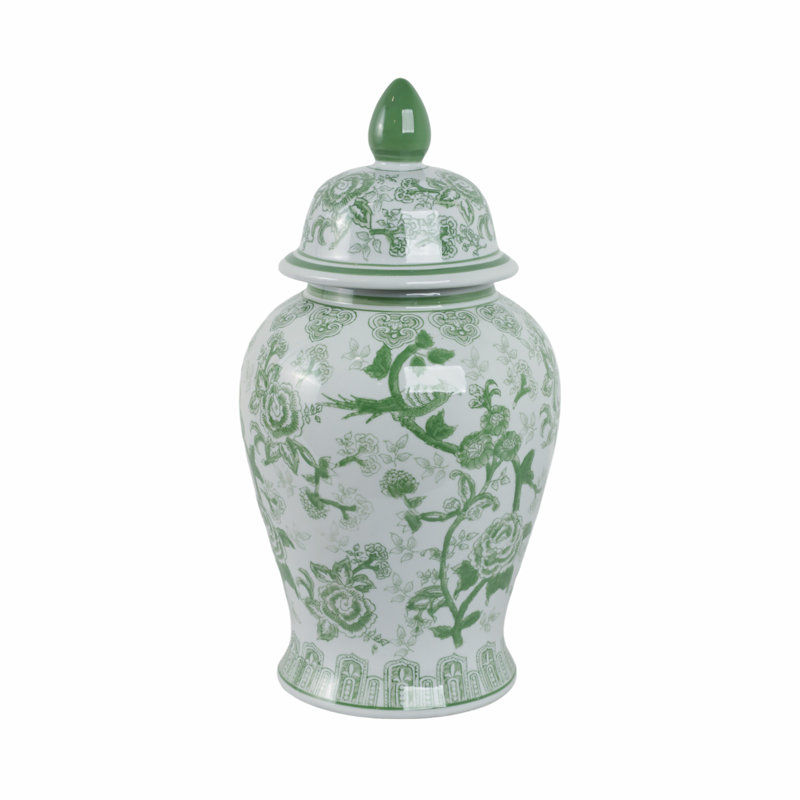 Ceramic Chinoiserie Ginger Jar Decorative Lidded Vessel in Classic Oriental Style, 18" H x 10" W x 10" D