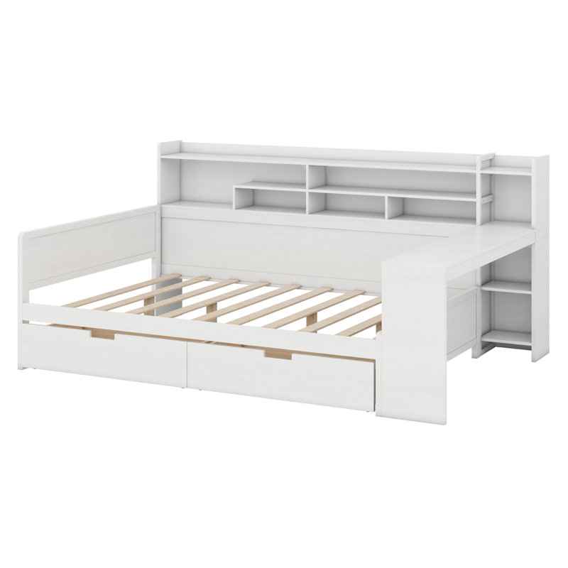 Daybed With Storage Shelves, Multi-Functional Bed With Two Storage Drawers And Study Desk, Antique White