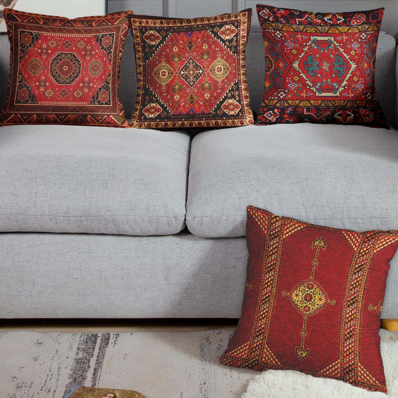 Ensemble de 4 housses de coussin géométriques Kilim, housses de coussin marocaines décoratives en ikat 18 po x 18 po pour canapé, canapé et salon (tribal rouge)