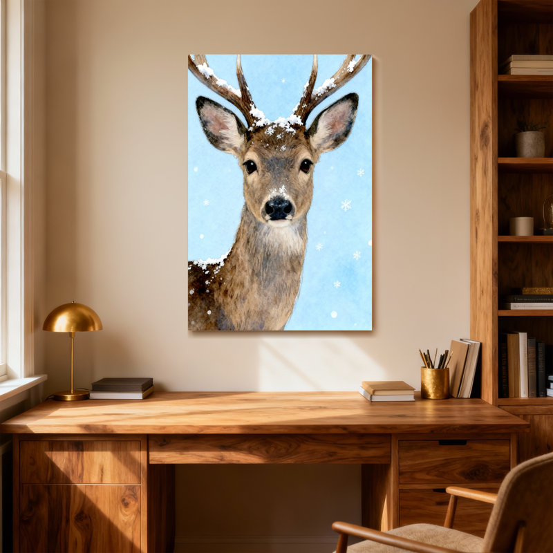 Animaux, cerf avec neige sur bois et fourrure, H 48 po x l 32 po