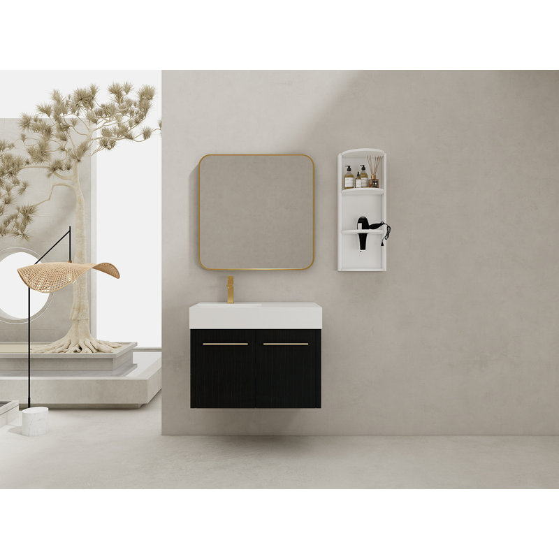Meuble-lavabo mural avec lavabo et support de rangement, bassin gauche en résine à bords épais, ensemble KD, 30"