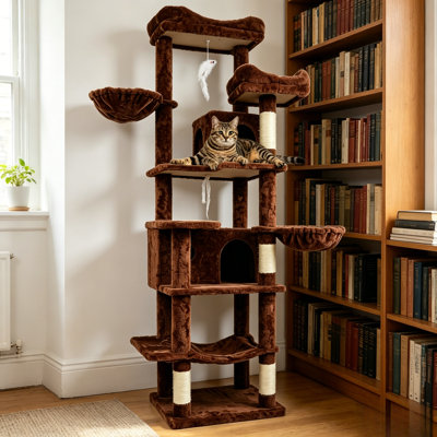 Multi-Level Large Brown Plush Cat Tree Tower With Dual Condos, Scratching Posts, Hammock Perches & Interactive Toy, Tall Cat Activity Play Center For Indoor Cats