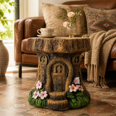 Statue de jardin 11,4 "souche d'arbre maison de fées, tabouret d'extérieur en pierre de magnésium décorative pour jardin de jardin