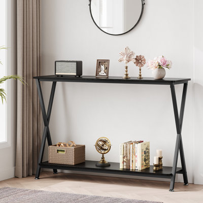 Console étroite à 2 niveaux avec tablette de rangement pour hall d'entrée | Console mince à 2 niveaux avec rangement ouvert, structure en métal robuste et style rustique pour les entrées, les couloirs ou derrière les canapés