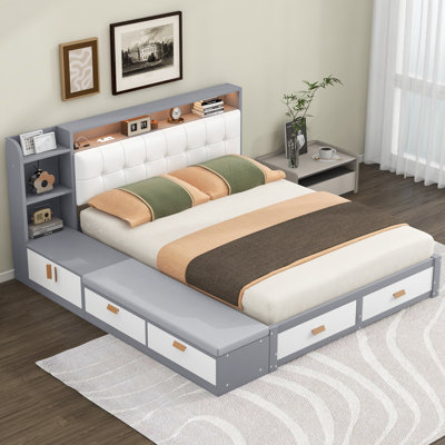 Queen Size Low Profile Platform Bed Frame With Upholstery Headboard And Storage Shelves And Drawers,USB Charging Design,Gray -  Latitude RunÂ®, A34511DC4D22438F80D223130985F0AE