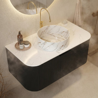 Ensemble de meuble-lavabo 36 po, meuble de rangement flottant pour salle de bain, lavabo rond en céramique blanc avec comptoir en pierre frittée blanc de Carrare, noir