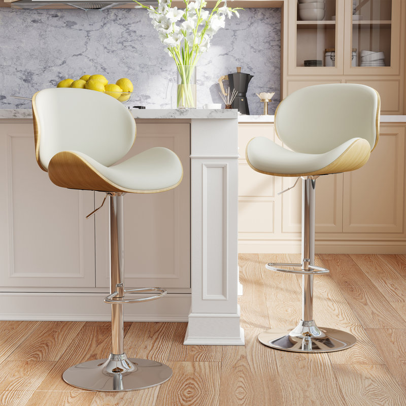 Mid-Century Modern PU Upholstered Swivel Ajustable Height Bar Stools, White/Silver
