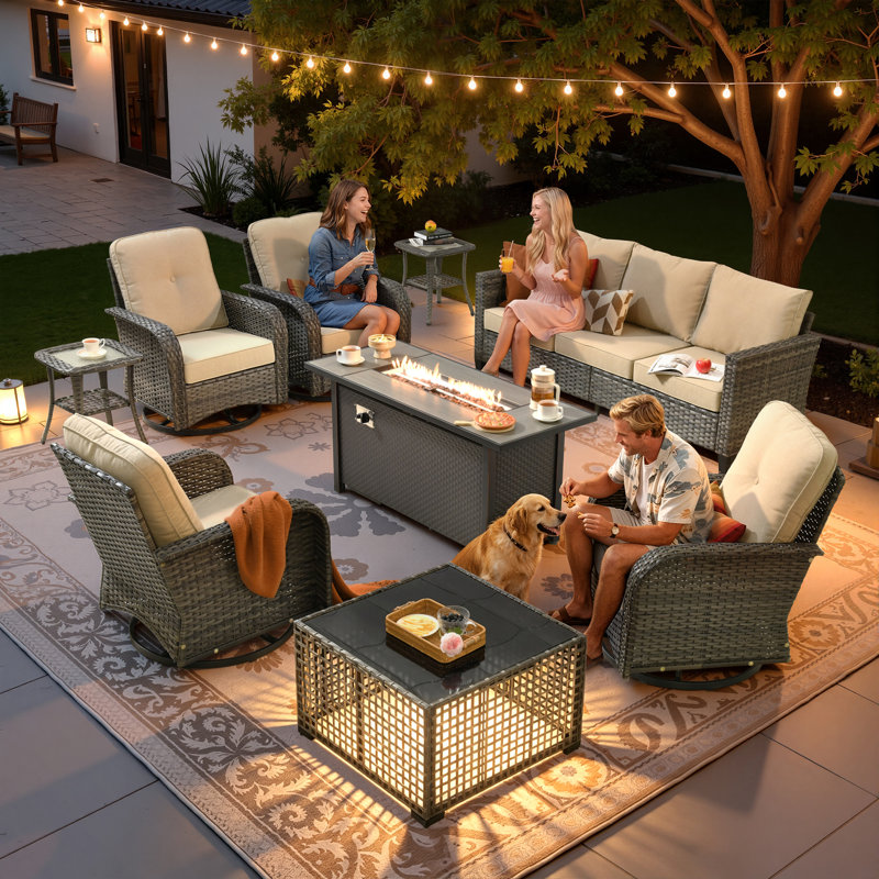 Ensemble de conversation d'extérieur 7 personnes avec chaises berçantes et pivotantes Jordanlee, Beige