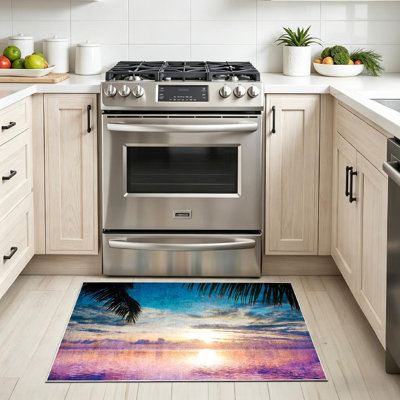 Clear Sunset Palms Summer Night Palm Beach Tree Sea Scene Tropical Paradise Machine Washable Indoor Area Rug