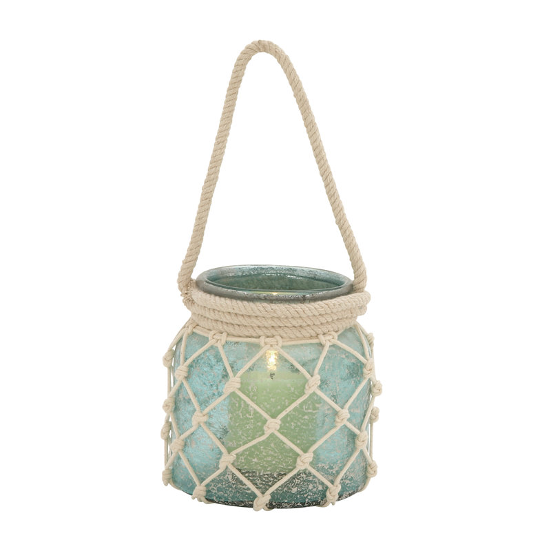 Lanterne de table en verre, Bleu turquoise, H 15 po x l 7 po x P 7 po