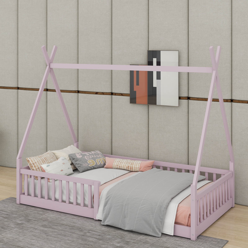 Lit simple en bois avec clôture, Rose