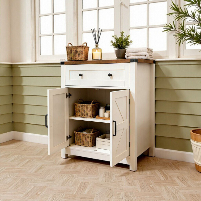 Compact Farmhouse Barn Door Storage Cabinet With Drawer, White+Oak