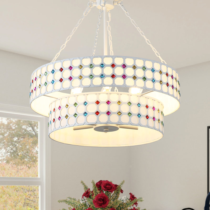 Lustre 20 pouces à deux niveaux en forme de tambour, 6 lumières avec chaîne de suspension réglable, Nickel poli