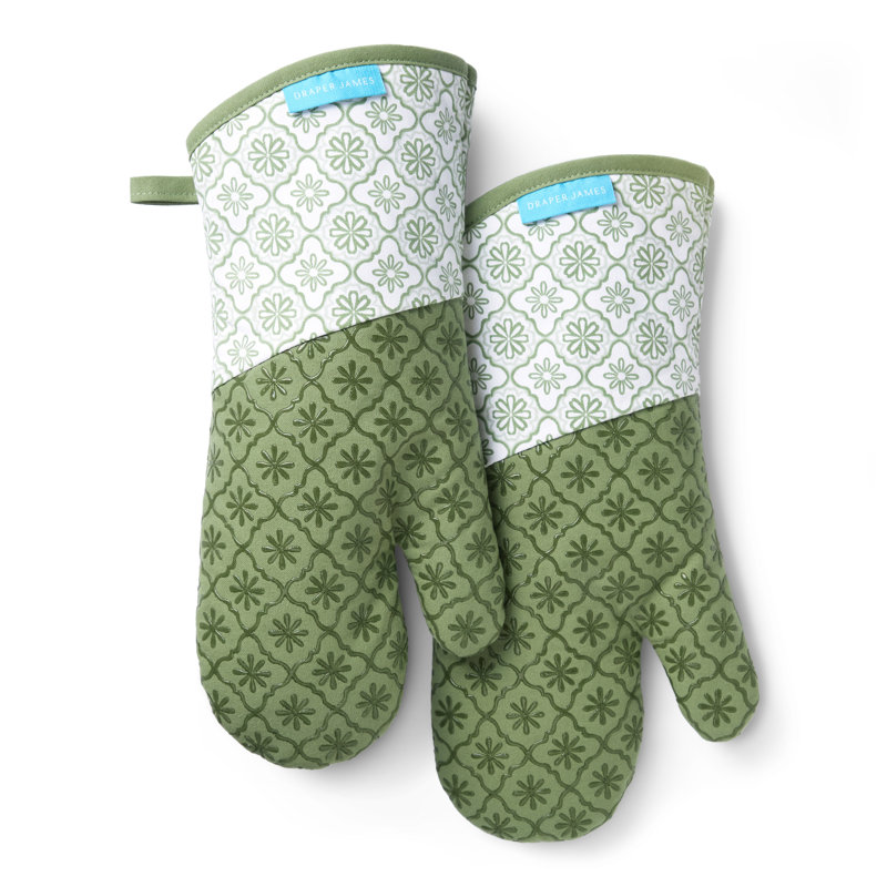 DRAPER JAMES Allover Geo Floral Oven Mitt 2-Pack Set, Heat Resistant & Non-Slip Silicone Grip, Seafoam Green, 7"x14"