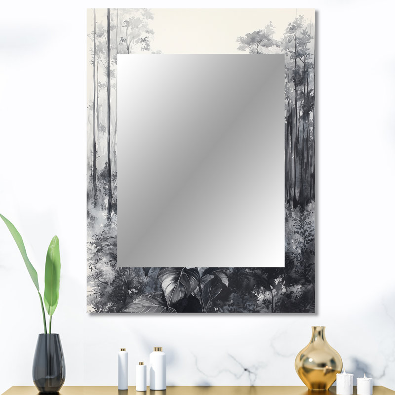 Hortensia en forêt monochrome - miroir mural hydrangée, miroir décoratif traditionnel, impression d'art en métal