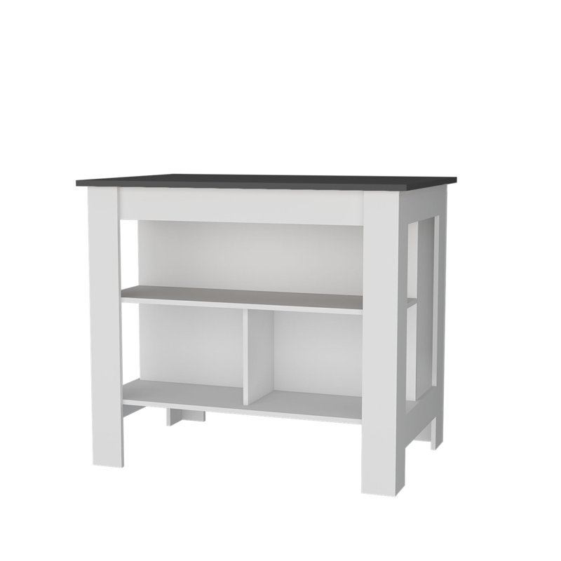 Îlot de cuisine aztèque en mélamine avec rangement ouvert, Blanc / gris foncé