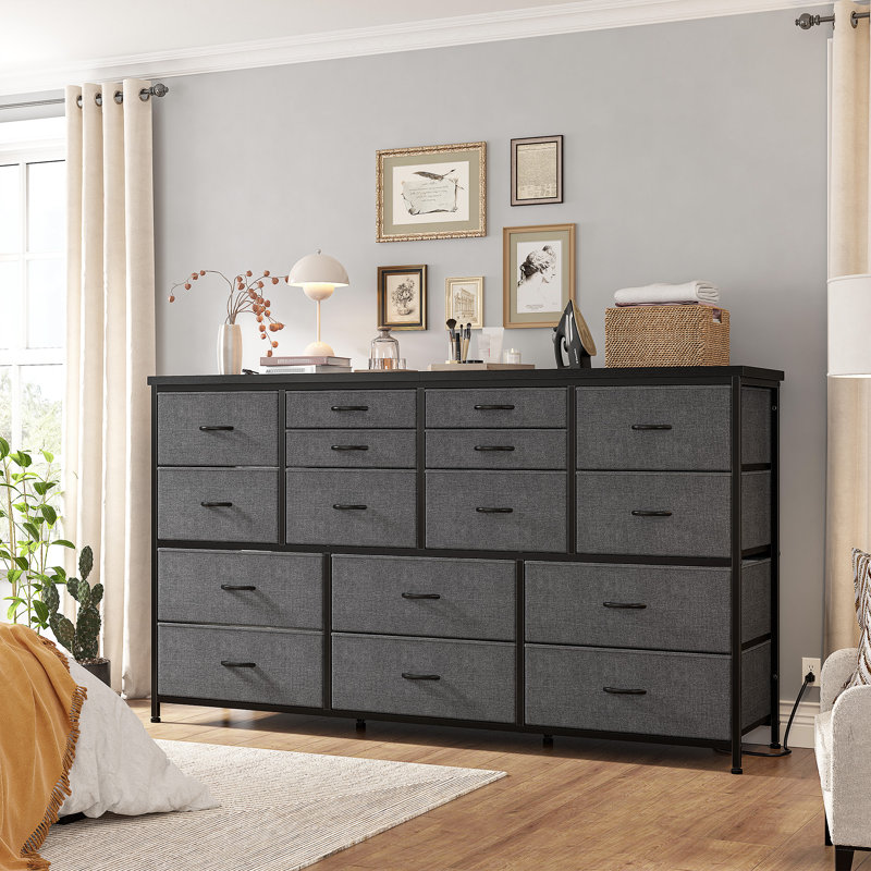 16 Drawer Dresser For Bedroom, 51.1" Wide Long Dresser With Charging Station For 60" Tv Stand, Gray