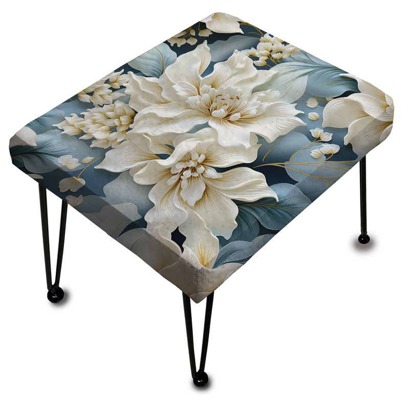 Misty White And Blue Floral Damask I - Damask Rectangle Ottoman