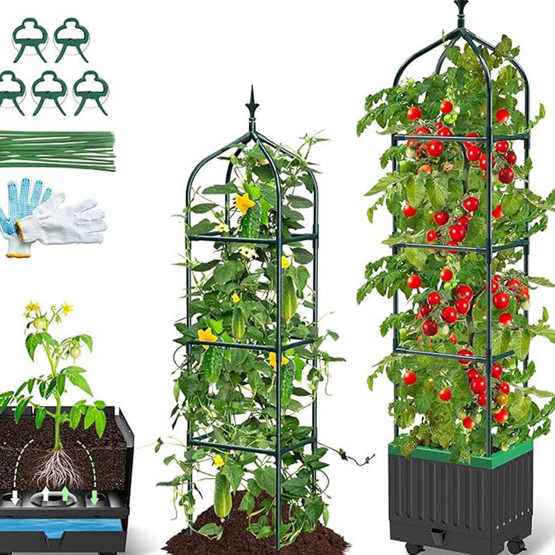 Raised Garden Bed Planter Boxes with Trellis, 70.9" Wheeling Self-Watering Tomato Planter Boxes with Trellis (Black)