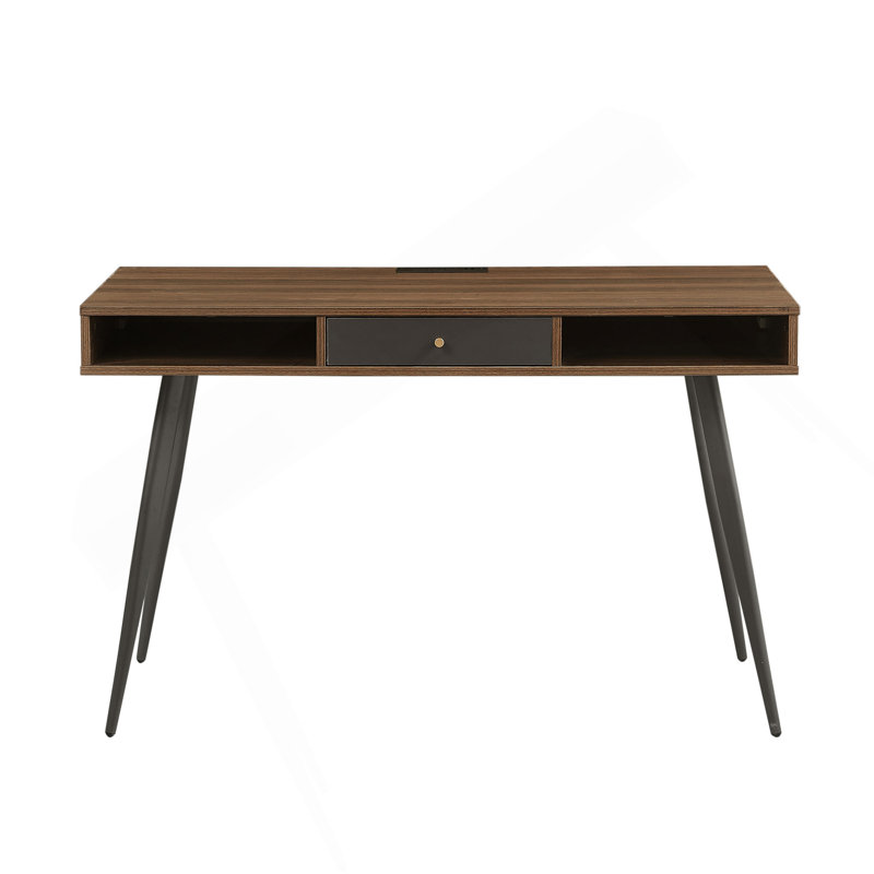 Mid Century Desk With USB Ports And Power Outlet, Modern Writing Study Desk With Drawers, Multifunctional Home Office Computer Desk Walnut