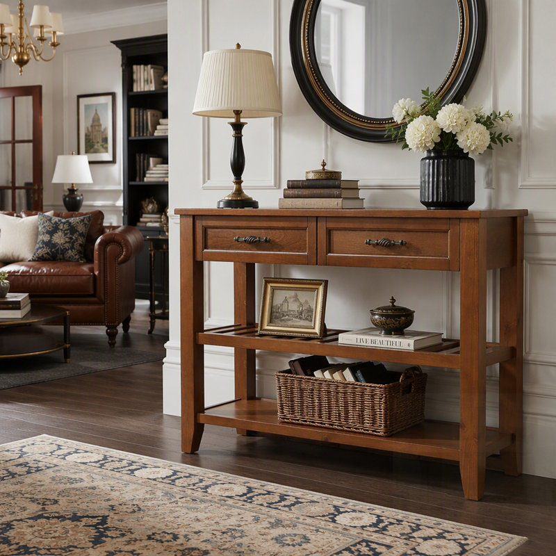 Console Mid-Century en bois massif avec 2 tiroirs et 2 tablettes, idéale pour le rangement du salon et du vestibule