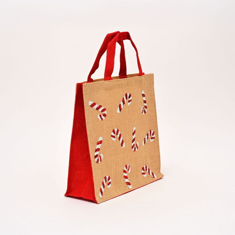 Sac-cadeau de Noël | Sac en jute laminé orné de paillettes, 10" H x 10" W x 4" D