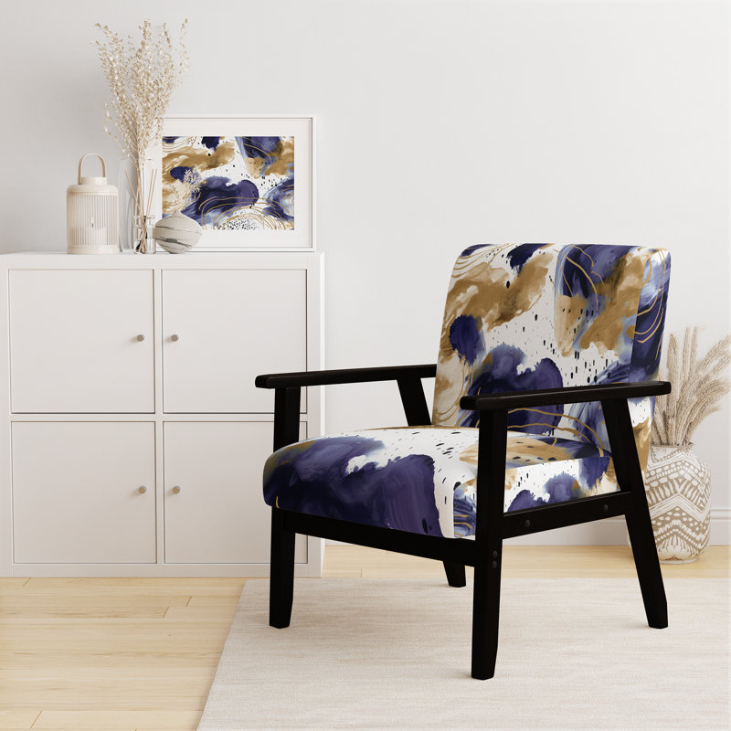 Fauteuil rembourré en velours moderne à motif abstrait avec textures bleues et dorées II, Mauve / beige / blanc / or, Noir