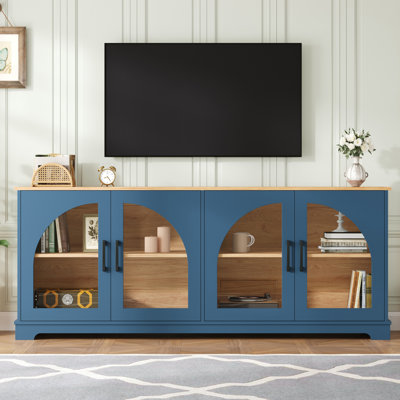 Retro Media Console For Tvs Up To 70" With Semi-Arched Glass Doors & Adjustable Storage