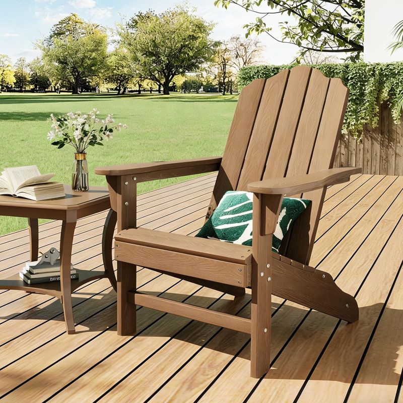 Weather-Resistant HDPE Adirondack Patio Chair, Wood Grain Outdoor Lounge & Lawn Chair for Garden, Deck, Backyard, Poolside (Brown, 1 Chair)