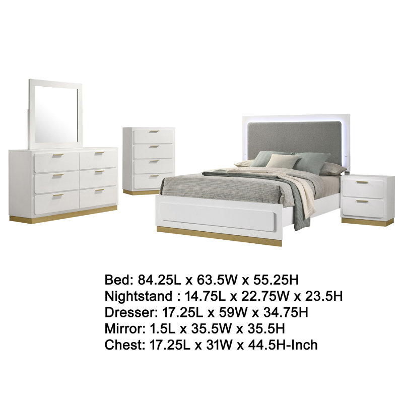 Ensemble de chambre pour grand lit 5 pièces Caer en blanc, accents dorés, revêtement gris, Grand lit, Blanc
