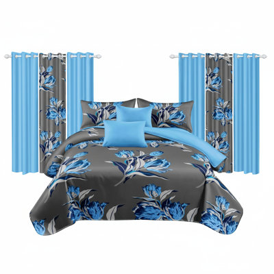 9-Piece Charcoal & Blue Floral King Bedding & Curtain Set (Queen/King/Cal King) - Quilted Microfiber Bedspread + Sheer Drapes