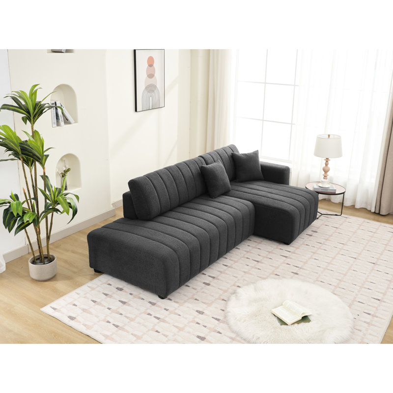 Canapé d'angle 3 places d'inspiration scandinave, revêtement en laine gris foncé, rembourrage en mousse, méridienne réversible, capitonnage précis, silhouette minimaliste, rembourrage en laine douce aux angles, design élégant, tissu à canaux