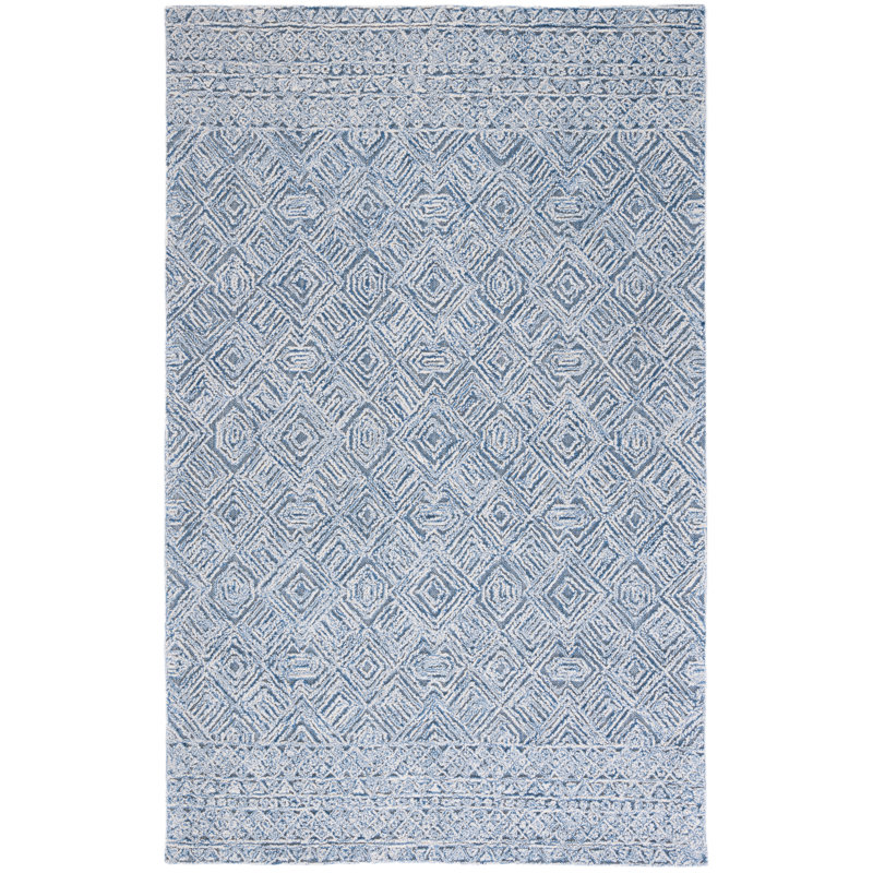 Hadad Textual Hand Tufted Wool/Cotton Geometric Rug in Blue/Ivory, Rectangle 5'  x 8'
