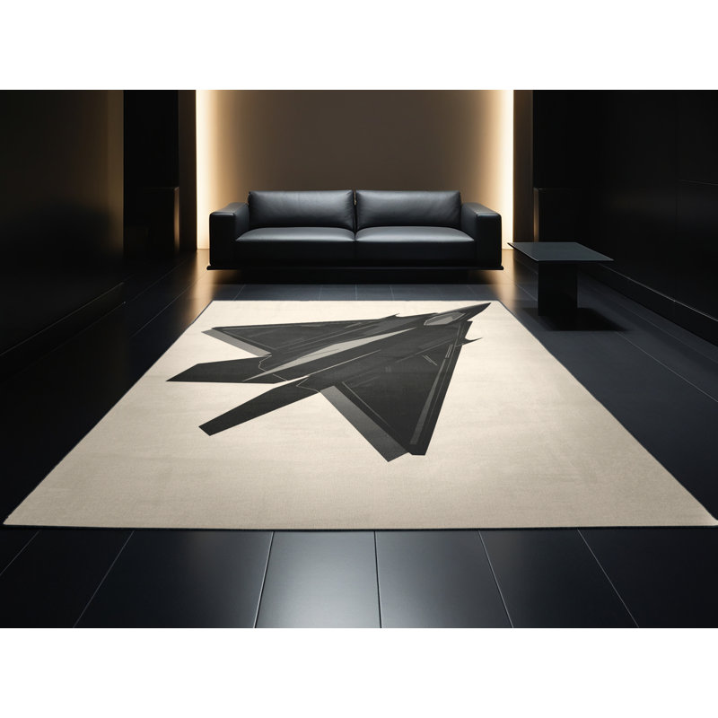 Machine Washable Vehicles And Transportation Stealth Jet Airplane Sleek & Chic Modern Rug in Beige – Black Binding, 6x9