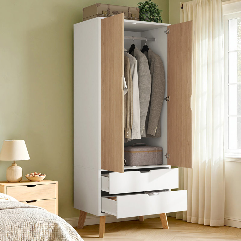 198 cm H Modern 2-Door Wardrobe with 2 Drawers and Solid Wood Legs, White & Natural Wood