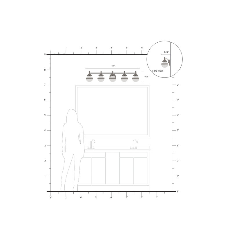 Éclairage pour meuble-lavabo à intensité variable Aseret, Laiton poli, H 8,25 po x l 42 po x P 7,25 po, 5 lumières