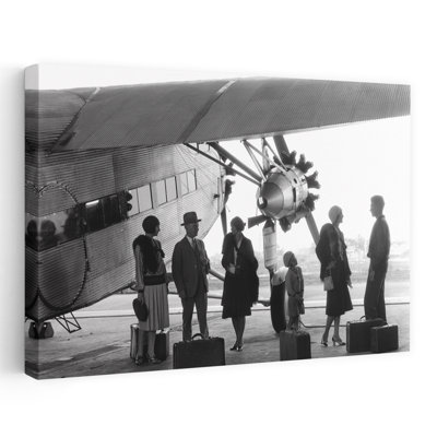 1920S 1930S Group Of Passengers Standing Under Wing Of Ford Tri-Motor Airplane With Baggage Retro Vintage Goose Urban Wall Art