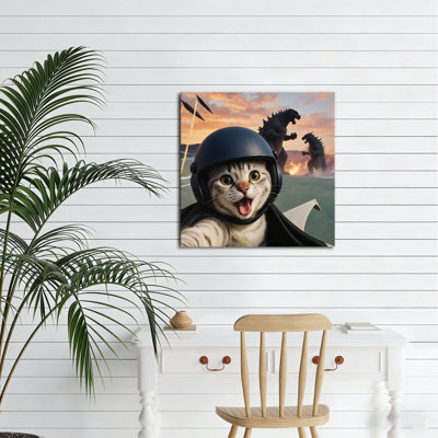Helmet Cat & Godzilla Scene, Built-In Wooden Frame, Wall Art, 16X16