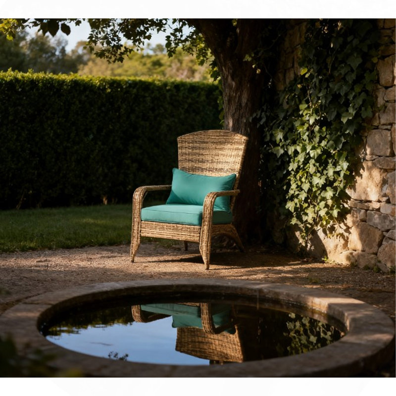 Tall Curved Backrest Chair,Patio Adirondack Chair With Rattan Wicker, Soft Cushions, Natural, Green